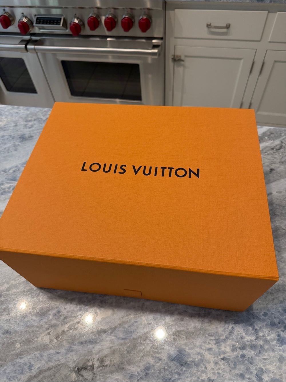 Louis Vuitton Orange Presentation Box with Black Logo and blue ribbon/blank card